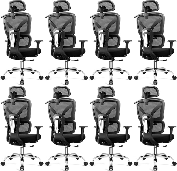 Ergonomic Office Chair, High Back Mesh Desk Chairs Comfy with Adjustable Lumbar Support, Home Computer Gaming Chair with 3D Headrest for Long Hours, 8 Pack