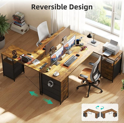 YOUDENOVA 63 Inch L Shaped Desk with Power Outlets & Type-C Port, Reversible Corner Computer Desk with 6 Drawers & File Cabinet, Large Workstation for Home Office, Gaming, Study, Rustic Brown