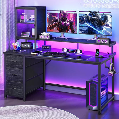 DurayLoly 55" Black Computer Desk with 2 Acrylic Cabinet & 3 Fabric Drawers | Integrates Ample Storage & Display, Great Fit for Small Spaces, Outlets Suitable for Studying, Working & Gaming Equipments