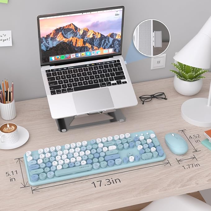 UBOTIE Colorful Wireless Keyboard and Mouse Combos, Retro Typewriter Floating Flexible Full-Sized Keys Computer Keyboard with Optical Mouse, 2.4GHz USB-A Connection for Windows Mac (Blue-Colorful)