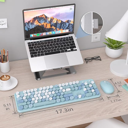 UBOTIE Colorful Wireless Keyboard and Mouse Combos, Retro Typewriter Floating Flexible Full-Sized Keys Computer Keyboard with Optical Mouse, 2.4GHz USB-A Connection for Windows Mac (Blue-Colorful)