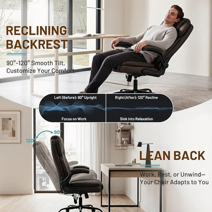 Ergonomic Office Chair, PU Leather High Back Executive Chair with Adjustable Inflatable Lumbar Support and Padded Flip-Up Arms, Recline Swivel Task Computer Chair for Home Office, Dark Brown