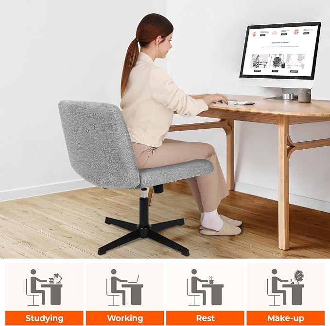 NEO CHAIR Criss Cross Chair No Wheel Vanity Desk Chair Wide Armless Cross Legged Office Comfy Makeup Adjustable Computer Task for Home Office Fabric (Grey)