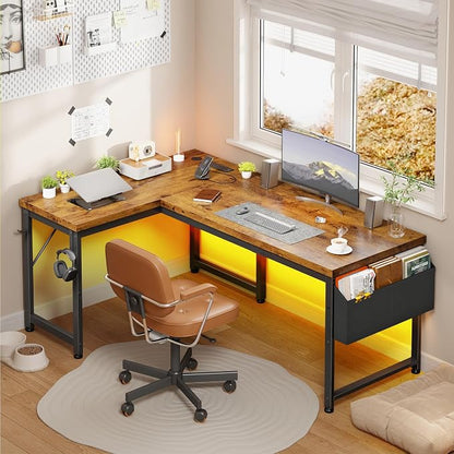 DurayLoly 63" L Shaped Desk with Power Outlets and LED Lights, Reversible Corner Home Office Desk, 0.95" Thick Desktop 220 lbs Capacity, Computer Gaming Desk for Bedroom Study, Brown