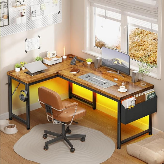 DurayLoly 63" L Shaped Desk with Power Outlets and LED Lights, Reversible Corner Home Office Desk, 0.95" Thick Desktop 220 lbs Capacity, Computer Gaming Desk for Bedroom Study, Brown
