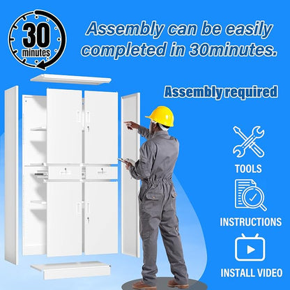 BESFUR Metal Storage Cabinet with 2 Drawers and Adjustable Shelves, 71" H Reinforced Heavy Duty Locking Storage Cabinet for Office, Garage, Home, School, Utility(White)