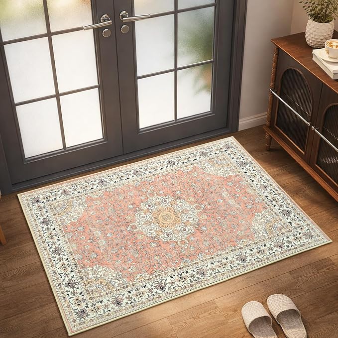 Goideal Washable Rug 2x3, Vintage Area Rugs Non Slip, Indoor Low Pile Carpet with Rubber Backing for Kitchen Bathroom Entryway Office Bedroom,Dusty Rose