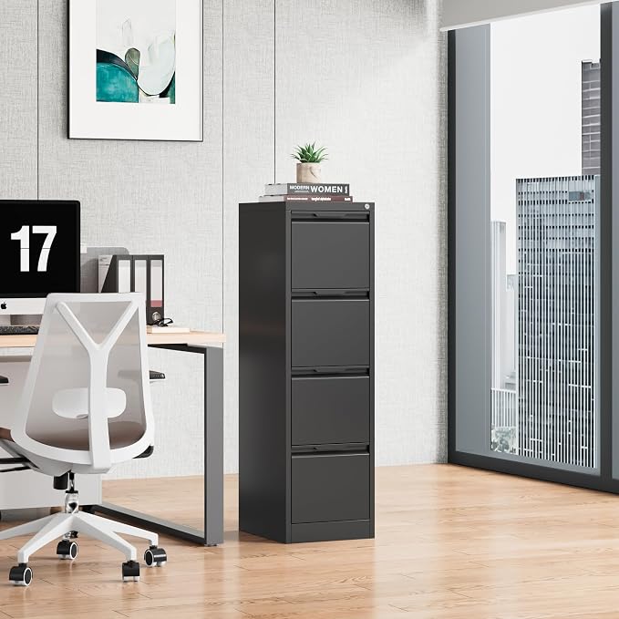 Bestoo 4 Drawer File Cabinet with Lock Metal Vertical Filing Cabinet Narrow File Cabinet Locked for Home Office A4 Legal/Letter Size Assembly Required (Black, 4 Drawers-Vertical)