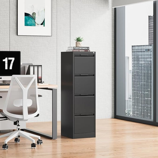 Bestoo 4 Drawer File Cabinet with Lock Metal Vertical Filing Cabinet Narrow File Cabinet Locked for Home Office A4 Legal/Letter Size Assembly Required (Black, 4 Drawers-Vertical)