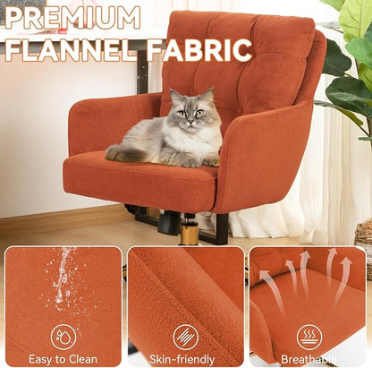 Flannel Office Chair, Comfy Home Office Desk Chairs with Lumbar Support, Modern Velvet Desk Chair Gold Legs Small Swivel Task Chair for Home Office, Bedroom, Study (Orange, L)