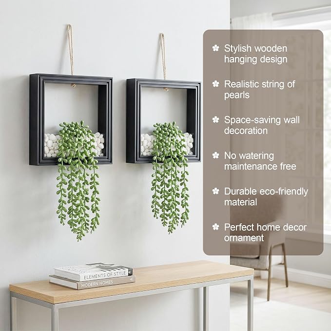 2 Pack Fake Plants Hanging, Artificial Succulents Plants in Square Wooden Frame with Glow Accents, Boho Wall Decor for Office Living Room Bathroom Bedroom Kitchen Indoor Outdoor, Black