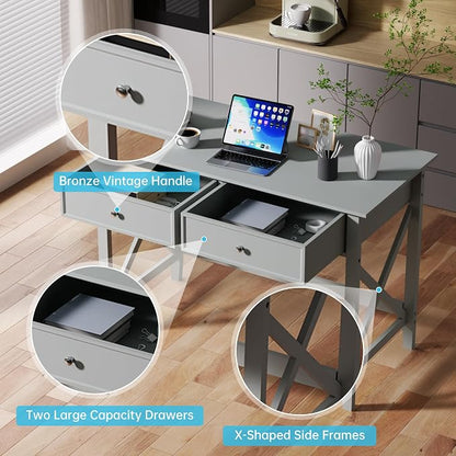 Lewahom Computer Desk with 2 Drawers, Elegant Home Office Writing Study Desk with Storage, Modern Simple Vanity Desk Console Table for Living Room, Grey