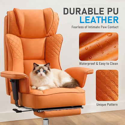 Big and Tall Office Chair, Leather Executive Ergonomic Desk Chair with Footrest, Comfy High-Back Computer Reclining Chairs with Lumbar Support (Orange)