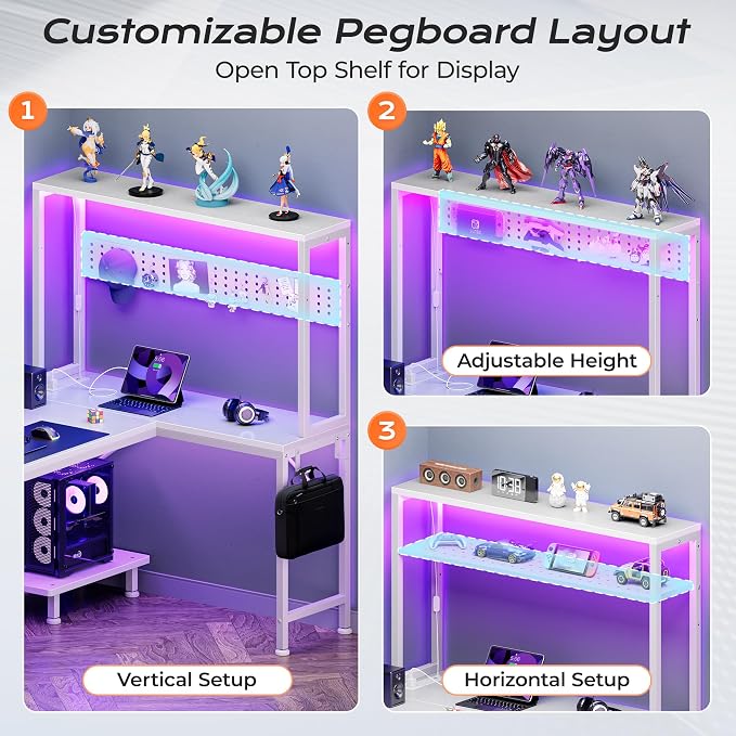 PRAISUN L Shaped Gaming Desk with LED Lights & Power Outlets, Reversible Computer Desk with Storage Shelves & Bag, Large Corner Home Office Desk with Pegboard for Work from Home, White