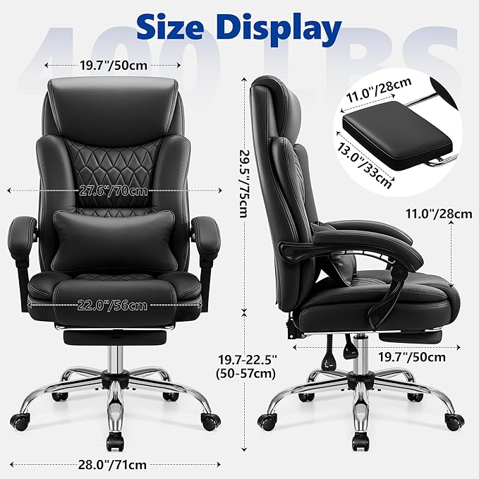 Big and Tall Office Chair 400lbs - Wide Memory Foam Seat with Lumbar Support, Reclining Executive Desk Chair with Footrest, Ergonomic Heavy Duty High Back Computer Chair, Black