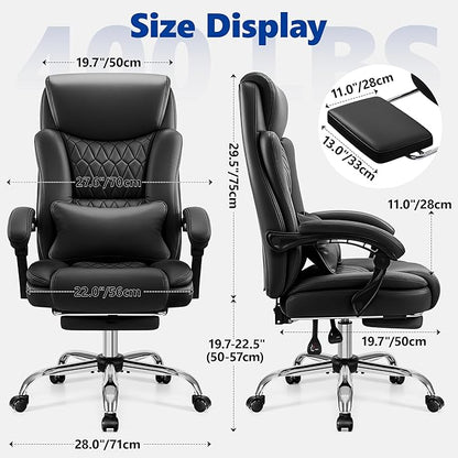 Big and Tall Office Chair 400lbs - Wide Memory Foam Seat with Lumbar Support, Reclining Executive Desk Chair with Footrest, Ergonomic Heavy Duty High Back Computer Chair, Black