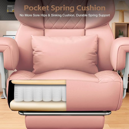 Vonesse Big and Tall Office Chair, Desk Chair with Soft Adjustable Armrests, Ergonomic High Back Gaming Chair with Lumbar Support, Executive Computer Chairs with Footrest (PU Leather, Pink)
