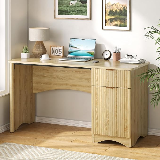 Bestier 47 inch Fluted Computer Desk with Drawer, Office Desk with File Cabinet, Modern Wood Desk with Storage Cabinet for Home Office Bedroom Study, Natural Oak