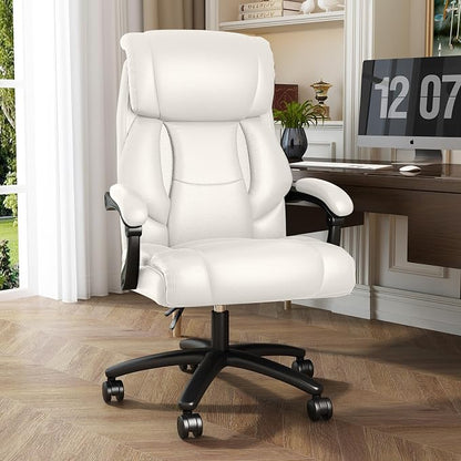 Ollega Big and Tall Reclining Executive Office Chair, 400lbs Leather, White | Breathable waterproof desk chair for home office; 92°-138° recline for back pain relief; wide seat for cross-legged sitting