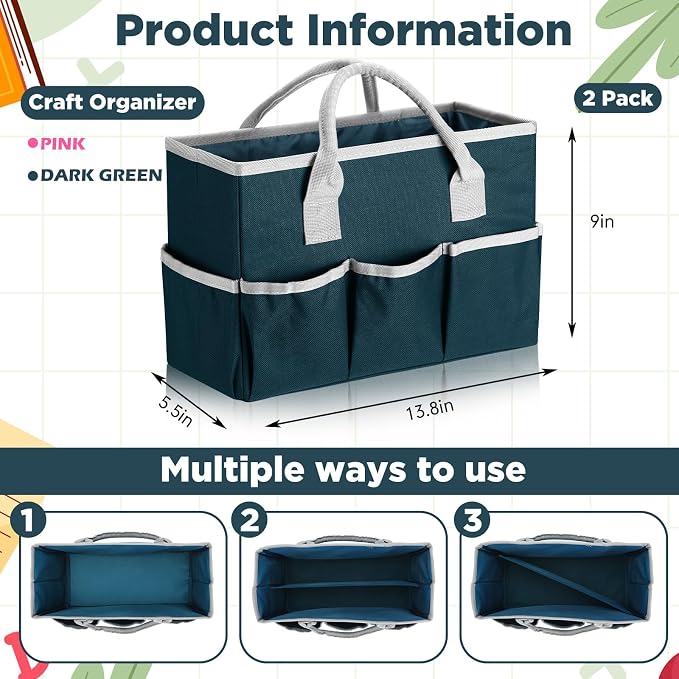 Tellingyou 2 Pcs Art Craft Tote Bag Teacher Craft Organizers and Storage Bag Desktop Tote Supply 600d Oxford Classroom Organizer Caddy Gift for Crafters Christmas Office(Dark Green, Pink)