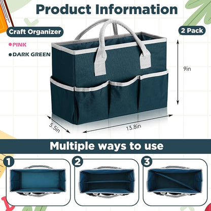 Tellingyou 2 Pcs Art Craft Tote Bag Teacher Craft Organizers and Storage Bag Desktop Tote Supply 600d Oxford Classroom Organizer Caddy Gift for Crafters Christmas Office(Dark Green, Pink)