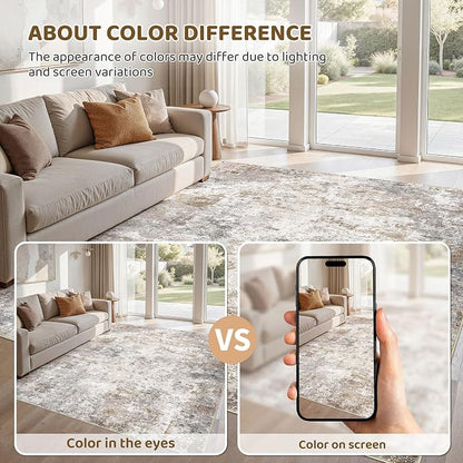 UERMEI 9x12 Washable Area Rug - Neutral Modern Abstract Living Room Rugs, Non-Slip Soft Large Indoor Floor Carpet for Bedroom Home Office & Under Dining Table Decor, Brown Grey