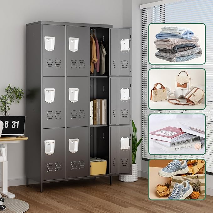 9 Door Metal Lockers for Employees,9 Heavy-Duty Hooks,72" Secure Storage for Home,Offices,Schools & Gyms | Black