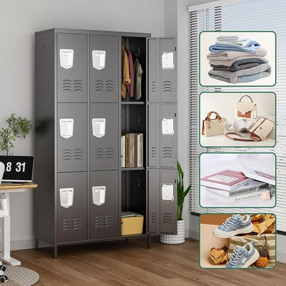 9 Door Metal Lockers for Employees,9 Heavy-Duty Hooks,72" Secure Storage for Home,Offices,Schools & Gyms | Black