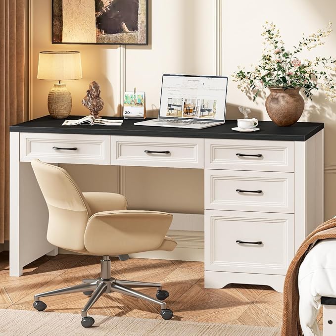 Vabches 55 Inch Farmhouse Desk with 5 Drawers, Large Home Office Computer Desk with Adjustable File Drawer, Executive Workstation with Storage for Study Writing Work, Black