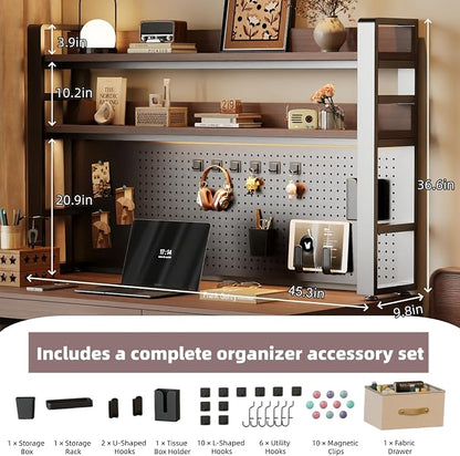 Desktop Hutch Bookshelf, 2-Tier Metal Desk Shelf for Top of Desk | Heavy Duty Countertop Organizer Rack with Peg Board & Accessories Space-Saving Storage for Dorm, Office & Home