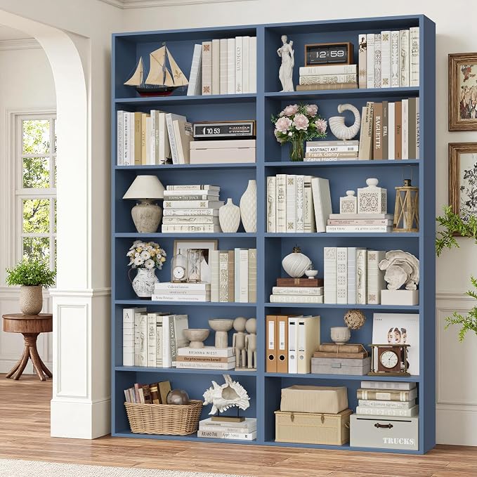 FOTOSOK 6-Tier Open Bookcase and Bookshelf, Freestanding Display Storage Shelves Tall Bookcase for Bedroom, Living Room and Office,Blue Set of 2