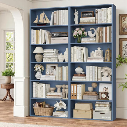 FOTOSOK 6-Tier Open Bookcase and Bookshelf, Freestanding Display Storage Shelves Tall Bookcase for Bedroom, Living Room and Office,Blue Set of 2