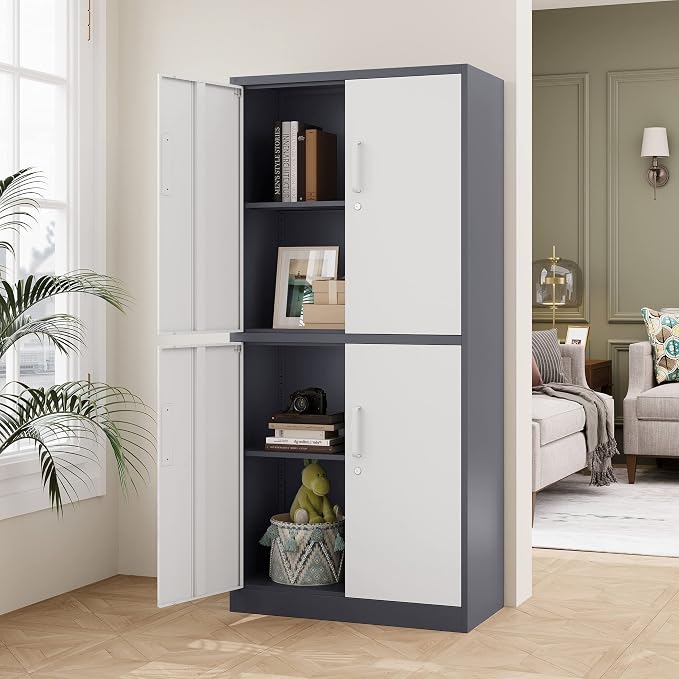 STANI Metal Storage Cabinet, Locking Steel Cabinet with 4 Doors and 2 Adjustable Shelves, 71" Tall Steel Cabinet for Home Office, Garage, School (Grey+White)