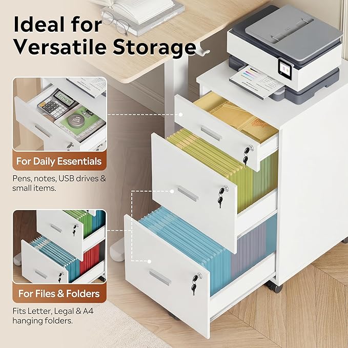 DEVAISE 3 Drawer File Cabinet with Lock & Wheels, Wood Printer Stand, Mobile Filing cabinets for Home Office, Fits Letter/A4 Size, White
