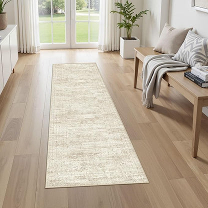 UERMEI 3x8 Washable Runner Rug for Hallway, Non Slip Low Pile Kitchen Carpet, Neutral Modern Abstract Indoor Floor Mat for Entryway Laundry, Kid & Pet Safe High Traffic Area, Beige/Brown