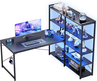 Pamray L Shaped Computer Desk with Reversible Side Storage Shelves, 49 Inch Gaming Desk with Power Outlets and Led Lights, PC Table for Home Office and Bedroom Black