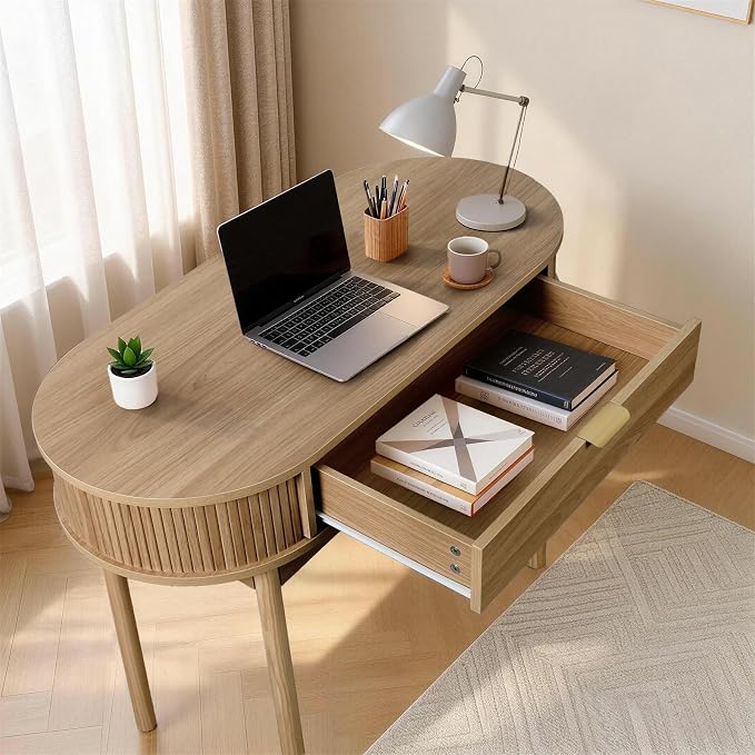 Fluted Small Computer Desk with Drawer, 40 Inch Mid-Century Modern Writing Desk with Solid Wood Legs,Compact Study Table for Small Spaces, Home Office, Bedroom,Walnut