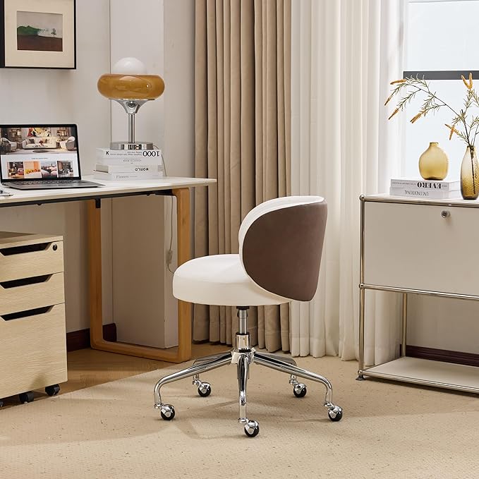 VINGLI Cute Small Swivel Desk Chair Comfy with Wheels,Ergonomic Low-Back Lumbar Support Vanity Nail Tech Rolling Task Stool Chair for Home Office,Height Adjustable,PU Leather White&Suede Khaki