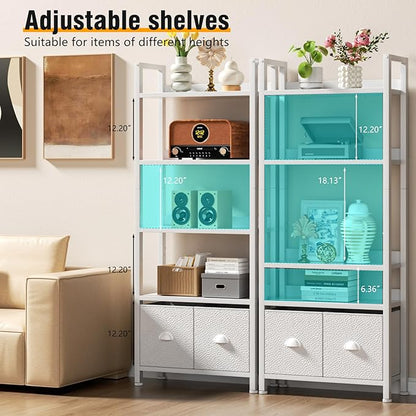 Furologee 5 Tier Bookshelf with Drawers, White Tall Bookcase with Shelves, Wood and Metal Bookshelves Storage Organizer, Modern Display Free Standing Shelf Unit for Bedroom, Living Room, Office