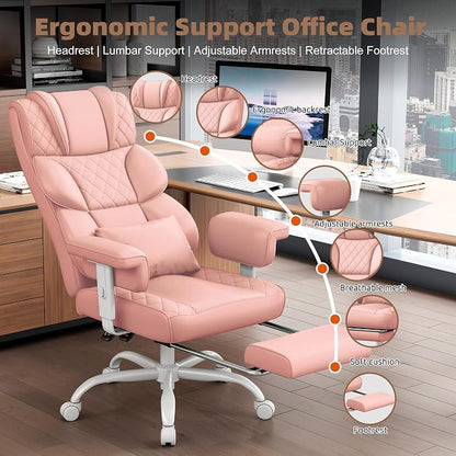 Vonesse Big and Tall Office Chair, Desk Chair with Soft Adjustable Armrests, Ergonomic High Back Gaming Chair with Lumbar Support, Executive Computer Chairs with Footrest (PU Leather, Pink)