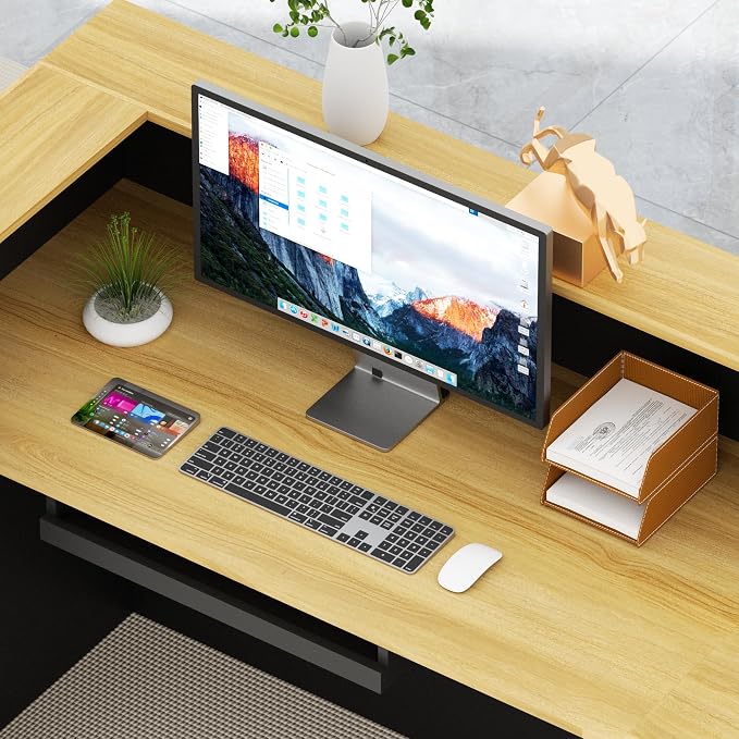 85.8 inches L-Reception Desk with Counter Modern Front Table Checkout Counter Table Retail Counter for Reception Room,Salon,Office,Store,Shop,Clinic,Lobbies,Retail,Home,Black and Natural