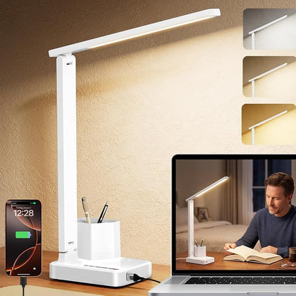 COZOO LED Desk Lamp with 2 USB Charging Ports,Type C Port,1 AC Outlet,2 Pen Holders,3 Color Temperature 3 Brightness Level,Touch/Memory/Timer,10W Eye Protection Foldable Reading Light,Study Lamp-White