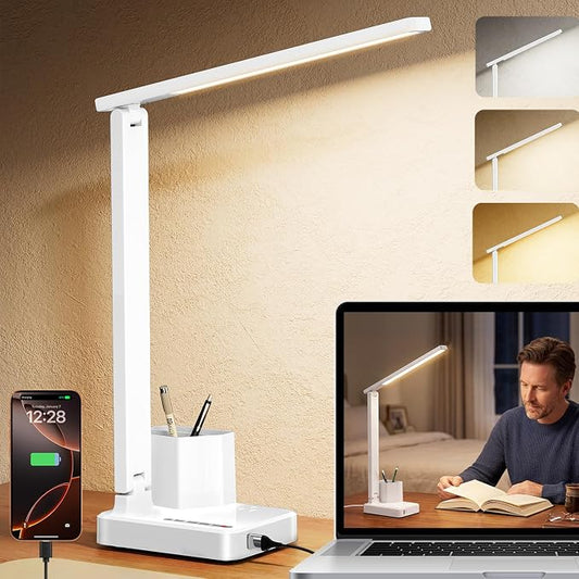 COZOO LED Desk Lamp with 2 USB Charging Ports,Type C Port,1 AC Outlet,2 Pen Holders,3 Color Temperature 3 Brightness Level,Touch/Memory/Timer,10W Eye Protection Foldable Reading Light,Study Lamp-White