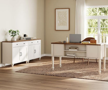 WAMPAT Home Office Furniture Set, 56" Executive Desk with Charging Station, 2-in-1 Cabinet with 4 Doors and 2 Drawers, Wood Computer Desk with File Cabinet Storage, Open Shelf, White