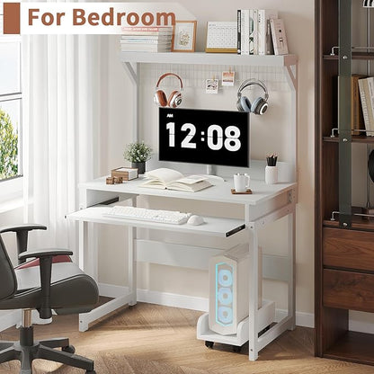 ALISENED 31.5" Small Computer Desk with Hutch, Office Desk with Workstation PC Table, Keyboard Tray & Storage for Gaming, Working, Studying, Space-Saving Design, Easy Assembly，White