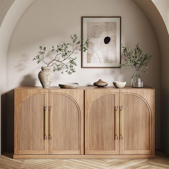 BELLEZE 65" Kitchen Storage Cabinet with Adjustable Shelves,Freestanding Accent Cabinet with Fluted Arched Design & Gold Handles,Modern Credenza for Living Room,Dining Room,Entryway - Camel