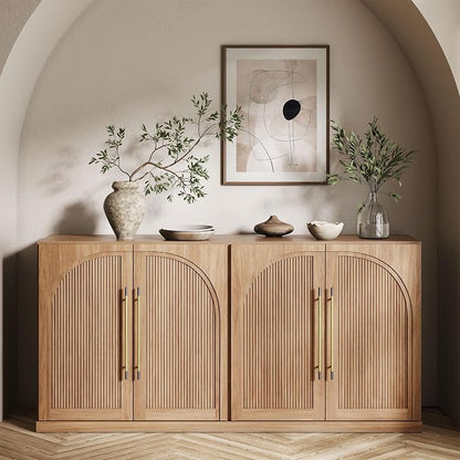 BELLEZE 65" Kitchen Storage Cabinet with Adjustable Shelves,Freestanding Accent Cabinet with Fluted Arched Design & Gold Handles,Modern Credenza for Living Room,Dining Room,Entryway - Camel