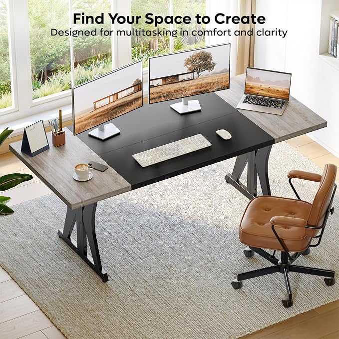 Bestier 70 Inch Large Executive Desk, Modern Simple Computer Office Desk with Thickened Desktop, Wood Metal Conference Room Table for Home Office, Business & Writing, Grey
