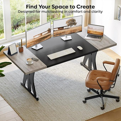 Bestier 70 Inch Large Executive Desk, Modern Simple Computer Office Desk with Thickened Desktop, Wood Metal Conference Room Table for Home Office, Business & Writing, Grey