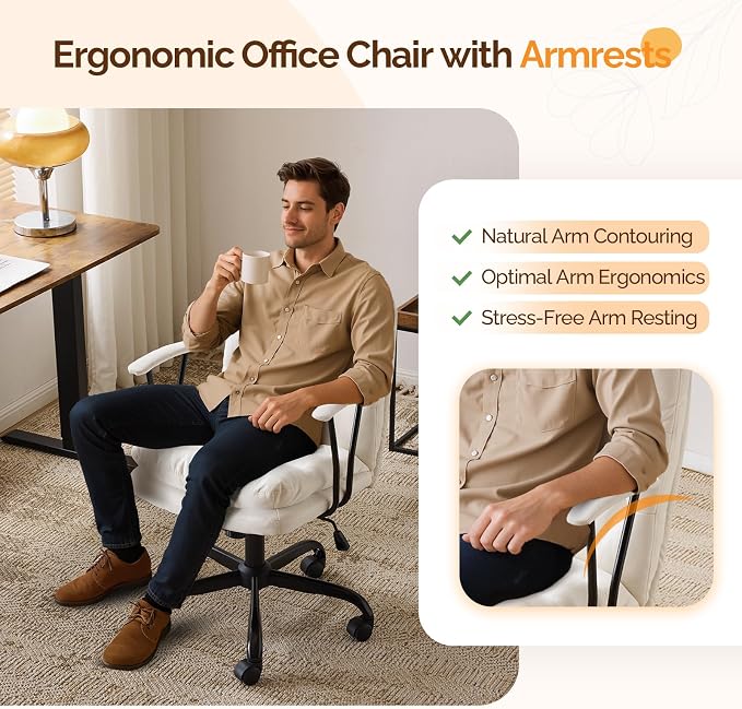 VINGLI Padded White Desk Chair with/No Wheels,Dual-Base,Removable Armrests,Adjustable Comfy Rolling Swivel Computer Task Nail Tech Chair for Home Office,Sewing,Makeup Vanity,Teen,Linen Fabric